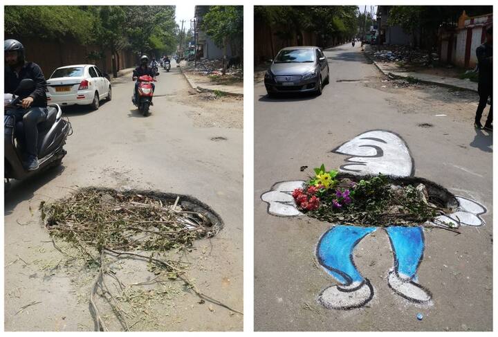 वह कई बार गड्ढों पर आर्ट वर्क करके लोगों की वाहवाही लूट चुके हैं.