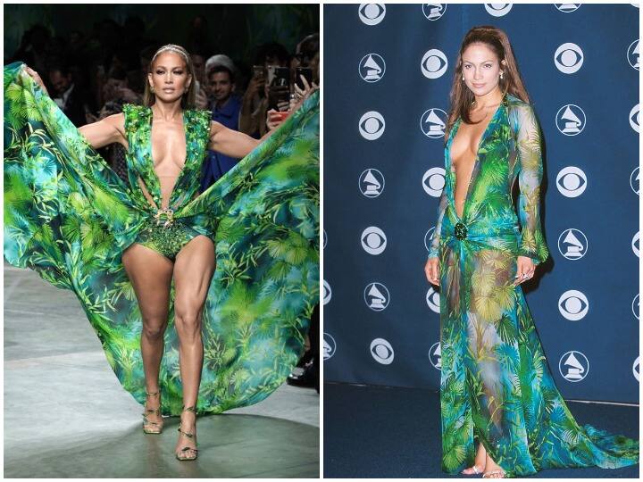 इस तस्वीर में आप जेनिफर की मिलान फैशन वीक 2019 की लेटेस्ट तस्वीर और ग्रैमी 2000 की पुरानी तस्वीर में दोनों लुक देख सकते हैं. (Photo Credit: Getty Images)