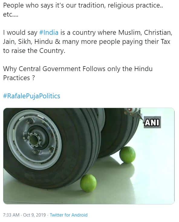 लोगों ने ट्विटर पर राफेल की पूजा करने पर सवाल उठाए और कहा कि भारत में सभी धर्मों के लोग टैक्स देते हैं. क्या सरकार हिंदुत्व की राजनीति नहीं कर रही?