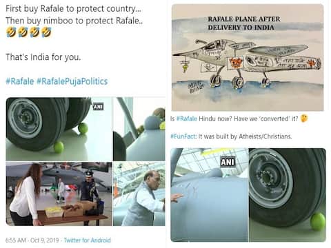 राफेल की पूजा: Twitter पर लोगों ने की ट्रोलिंग, कहा- अब नींबू करेंगे लड़ाकू विमान की रक्षा राफेल की पूजा: Twitter पर लोगों ने की ट्रोलिंग, कहा- अब नींबू करेंगे लड़ाकू विमान की रक्षा