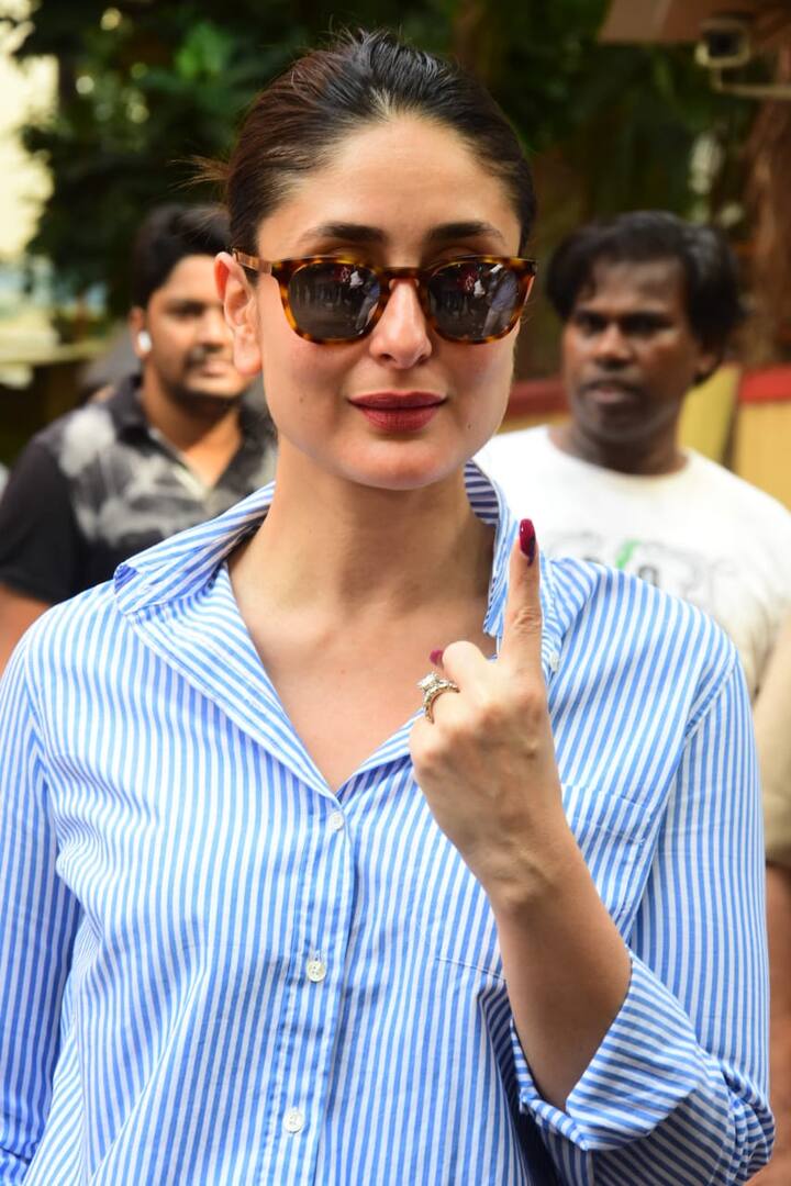 इस दौरान करीना ने वहां वोट डालने के बाद अपनी स्याही लगी उंगली भी दिखाई. (तस्वीर: मानल मंगलानी)