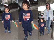 तस्वीरें: हाथ में तिरंगा लिए एयरपोर्ट पर मम्मी करीना के साथ दिखे तैमूर