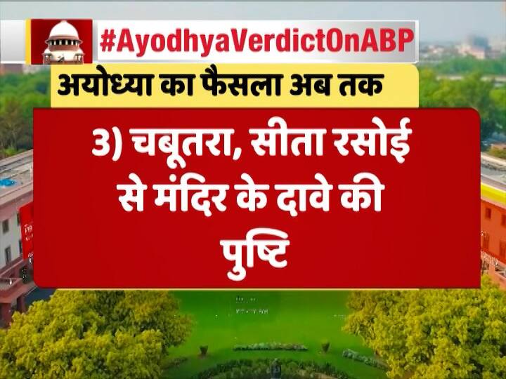 सुप्रीम कोर्ट ने फैसला पढ़ते हुए कहा कि चबूतरा,भंडार, सीता रसोई से भी दावे की पुष्टि होती है. हिन्दू परिक्रमा भी किया करते थे. लेकिन टाइटल सिर्फ आस्था से साबित नहीं होता.