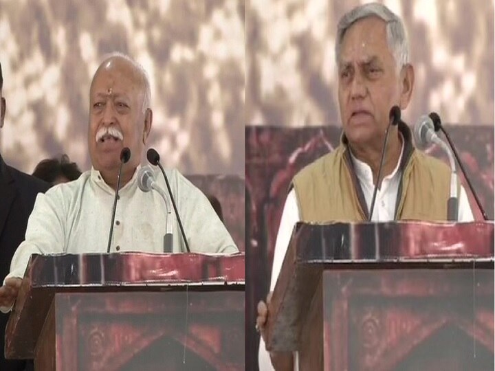 janardan dwivedi share stage with rss chief mohan bhagwat कांग्रेस के दिग्गज नेता रहे जर्नादन द्विवेदी ने मोहन भागवत के साथ साझा किया मंच