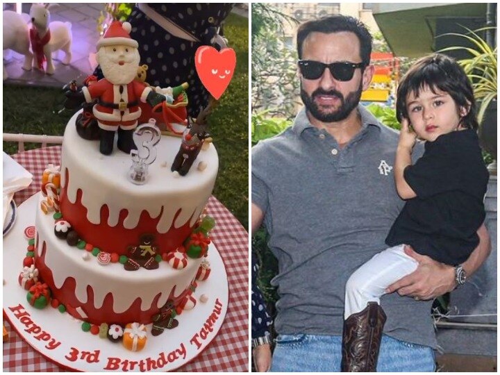 Taimur Ali Khan cuts Christmas theme base cake on his third birthday pictures getting viral Taimur Birthday: तैमूर ने तीसरे बर्थडे पर काटा क्रिसमस थीम का बहुत बड़ा केक, तस्वीरें हो रही वायरल
