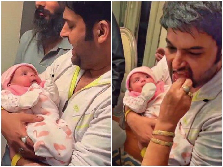 Kapil Sharma baby daughter first photos getting viral over social media कपिल शर्मा की बेटी की सबसे पहली तस्वीरें आई सामने, पापा को एक टक निहार रही है नन्ही परी