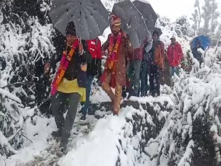 तस्वीरों में साफ देखा जा सकता है कि दूल्हा पैदल जा रहा है और बाराती भी छाता आदि लेकर पैदल ही जा रहे हैं. बर्फबारी के कारण सड़कों पर गाड़ियां चलाना खतरनाक हो सकता है इसलिए पैदल जाने का ही फैसला किया गया था.