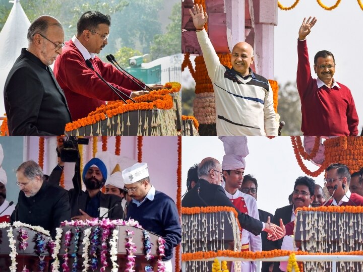 इस बार शपथ ग्रहण समारोह में अरविंद केजरीवाल के रूप बदले-बदले से नजर आ रहे थे. इससे पहले के दोनों शपथ ग्रहण समारोह में वह जहां 'मैं हूं आम आदमी' वाली टोपी पहने हुए थे वहीं इस बार वह इस टोपी में नहीं नजर आए. साथ ही उनके माथे पर इस बार तिलक भी लगा हुआ था.