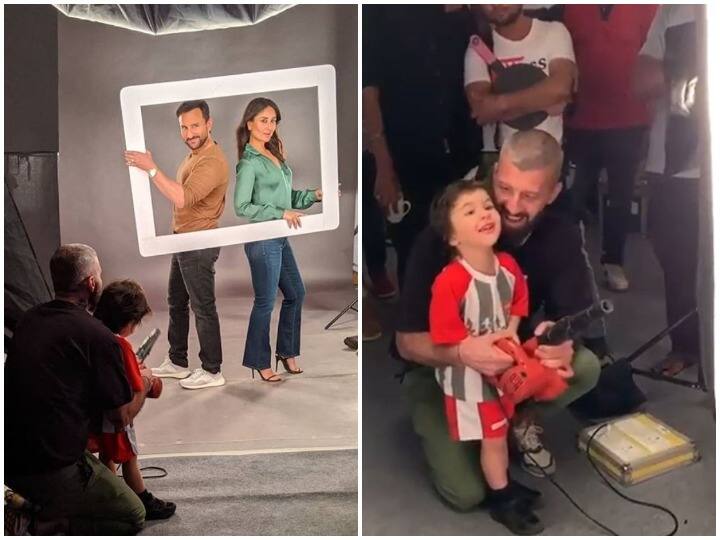 Taimur Ali Khan assisting crew on the sets while saif ali khan and kareena kapoor shooting Video: सैफ-करीना के साथ शूटिंग सेट पर पहुंचे तैमूर, शूट में यूं मदद करते वीडियो वायरल