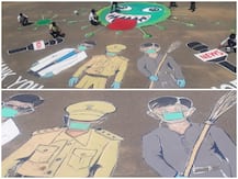 जम्मू: कोरोना वॉरियर्स का शुक्रिया अदा करने और लोगों को जागरुक करने के लिए छात्रों ने सड़क पर बनाईं पेंटिंग्स