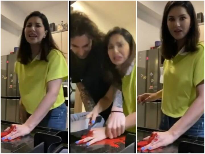 Sunny Leone pranks husband Daniel Weber by pretending to chop off her finger watch viral video Sunny Leone के प्रैंक से पति डेनियल वेबर के उड़े होश, देखें ये मजेदार VIDEO