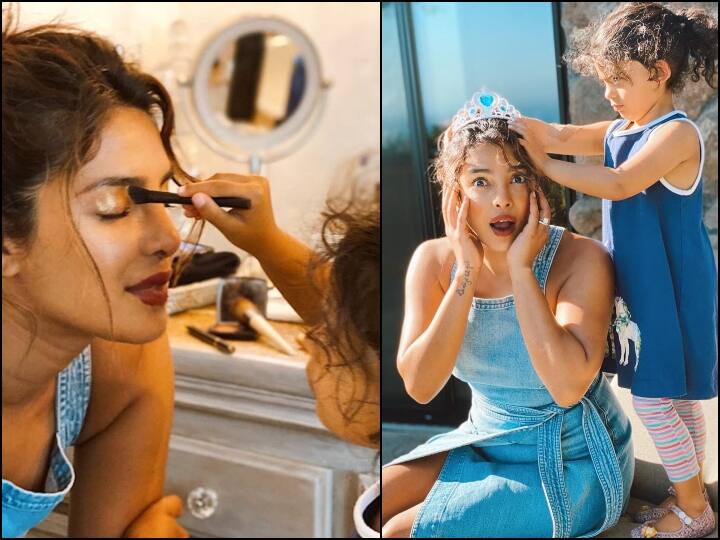 Priyanka chopra shares some cute pic with her niece प्रियंका चोपड़ा की भतीजी ने उनके सर सजाया ताज, बाद में इस तरह किया मेकअप, तस्वीरें वायरल