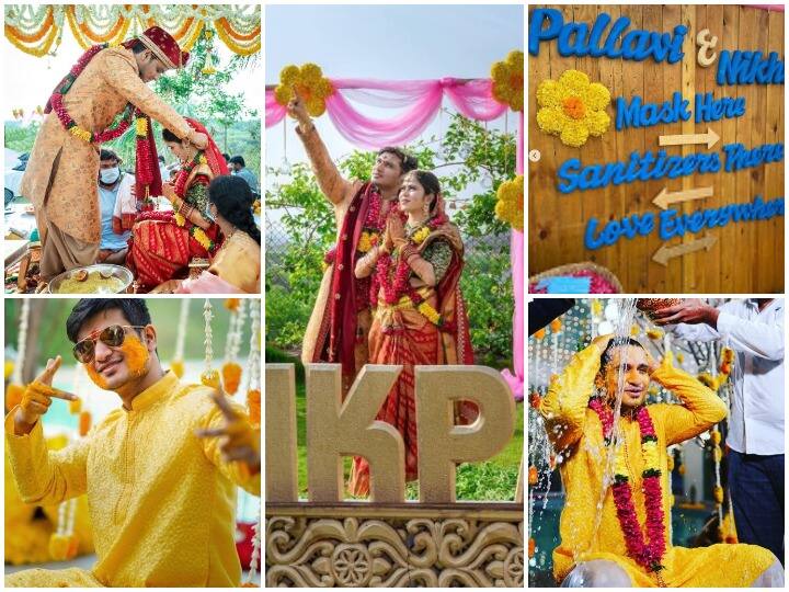 तेलुगु अभिनेता निखिल सिद्धार्थ ने लॉकडाउन के बीच शादी कर ली है और उनकी शादी की तस्वीरें वायरल हो गई हैं. 2007 में 'हैप्पी डेज' फिल्म से प्रसिद्धि पाने वाले सिद्धार्थ, डॉ पल्लवी शर्मा के साथ शादी के बंधन में बंध गए, जो कथित तौर पर लंबे समय तक उनकी प्रेमिका रहीं.(Photo credit: @actor_nikhil Instagram)