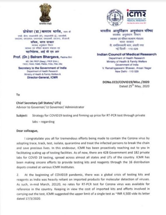 ICMR letter to states Chief secretaries on pricing of corona test ann ...