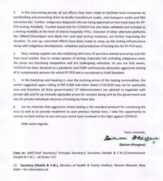 ICMR letter to states Chief secretaries on pricing of corona test ann ...