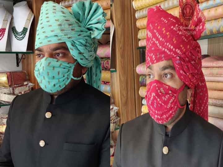 demand of Matching mask with Marwari turban increased in the Jodhpur market ANN बचाव के साथ-साथ फैशन, जोधपुर के बाजारों में पगड़ियों से मैचिंग मास्क की डिमांड बढ़ी
