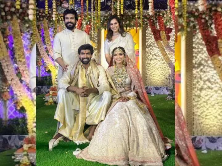 साउथ के सुपरस्टार राम चरण अपनी पत्नी उपासना के साथ राणा-मिहिका की शादी में हुए थे. इस दौरान राम चरण-राणा  दग्गुबाती के साथ मस्ती करते हुए भी नजर आए. 