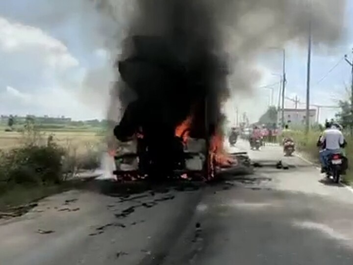 Bike and Truck caught fire in road accident in meerut ANN