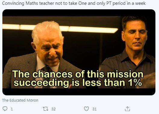 एक यूज़र ने मीम शेयर किया, जिसमें वो गणित के टीचर पर टिप्पणी करते दिख रहें है, कि हफ्ते में एक ही खेल का मौका मिलता है वो भी हमसे छीन लिया करतें हैं.