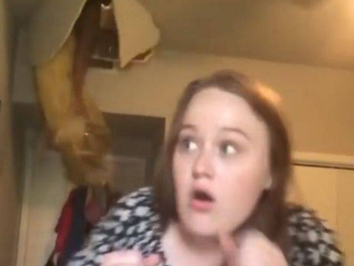 टिकटॉक पर गाना गा रही थी महिला कि अचानक छत से बाहर आ गया किसी का पैर Viral video: The woman was singing a song on Tiktok when someone's leg came out of the roof टिकटॉक पर गाना गा रही थी महिला कि अचानक छत से बाहर आ गया किसी का पैर