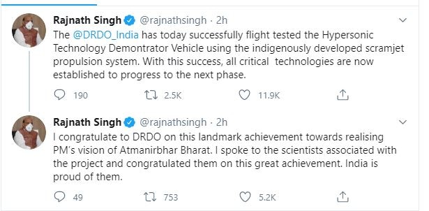 DRDO ने किया हाइपरसोनिक टेक्नोलॉजी का परीक्षण, रक्षामंत्री बोले- आत्मनिर्भर भारत का सपना साकार हो रहा