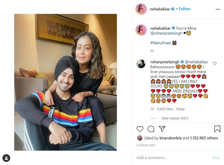 दरअसल नेहा कक्कड़ और रोहनप्रीत ने कुछ ही देर पहले इंस्टाग्राम पर ये तस्वीर शेयर की है. इस तस्वीर को शेयर करते हुए नेहा कक्कड़ ने लिखा,