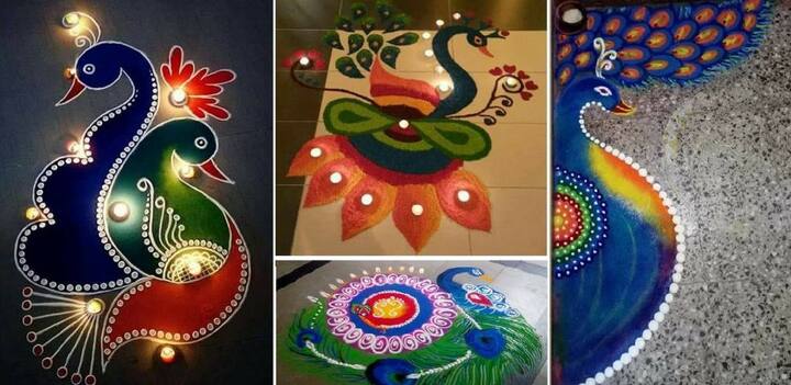गोल आकार में, चोकोर आकार में रंगोली बनायी जा सकती है. मोर डिजाइन भी रंगोली के रूप में बेहद अच्छा लगता है. ट्रॉय करें.