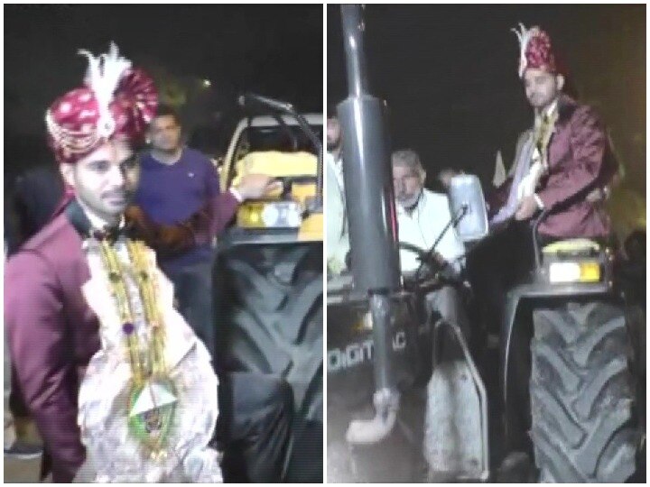 Haryana Groom leaves his luxury car behind & rides a tractor to his wedding venue farmers protest Farmers Protest: करनाल में किसानों के समर्थन में लग्जरी कार छोड़ ट्रैक्टर पर बैठा दूल्हा और बराती