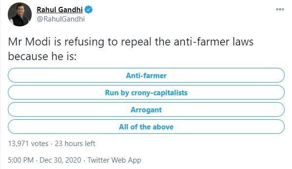 Farm Laws: राहुल गांधी ने शुरू किया ट्विटर पोल, पीएम मोदी को लेकर दिए ये चार ऑप्शन