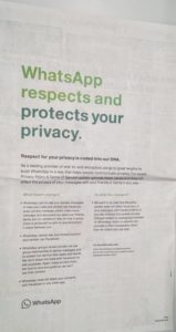 WhatsApp ने विवाद के बीच अखबारों में दिया फुल पेज इश्तिहार, कहा- हमारे DNA में है आपकी प्राइवेसी का सम्मान