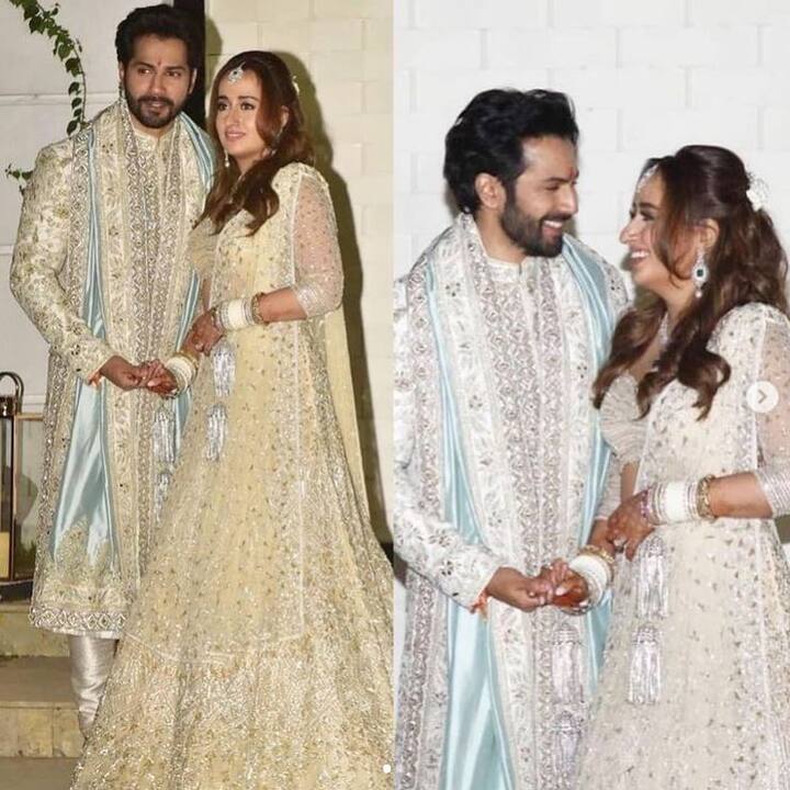 शादी के बाद रिसॉर्ट के बाहर मीडिया के सामने अपना पहला लुक साझा करने आए वरुण और नताशा बेहद खुश नजर आए.