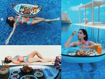 In Pics: रंग-बिरंगी बिकिनी पहन कभी रेत पर को कभी पानी में लेटीं दिखीं सारा अली खान, पूल में ही किया नाश्ता