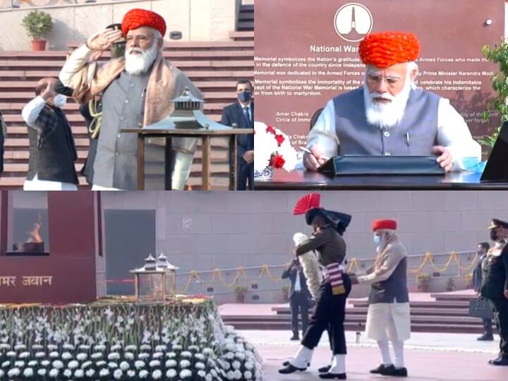 देश आज 72वां गणतंत्र दिवस मना रहा है. इस मौके पर आज प्रधानमंत्री नरेंद्र मोदी ने सबसे पहले नेशनल वॉर मेमोरियल जाकर शहीदों को श्रद्धांजलि दी. इस दौरान पीएम मोदी ने आज एक खास किस्म की पगड़ी पहनी हुई थी. जानिए पीएम मोदी की इस पगड़ी की क्या खासियत है. देखें तस्वीरें.