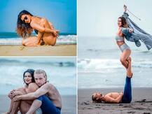 Aashka Goradia अपने पति के साथ समंदर के किनारे योग करती हुईं आईं नज़र, देखें Photos