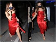 वरुण धवन की दुल्हनिया रेड ड्रेस में रेस्तरां के बाहर हुईं स्पॉट, थाई-हाई स्लिट आउटफिट में नताशा ने ढाया कहर, देखें तस्वीरें