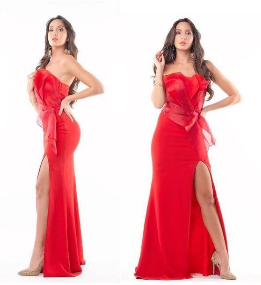 नोरा ने एक फोटोशूट में लॉन्ग ड्रेस पहनी थी. ये ड्रेस भी लाल रंग की थी. इस लाल रंग की ड्रेस में उन्होंने कई तस्वीरें खिंचवाई. साथ ही अलग-अलग पोज से लोगों को अपनी ओर आक्रषित कर लिया.