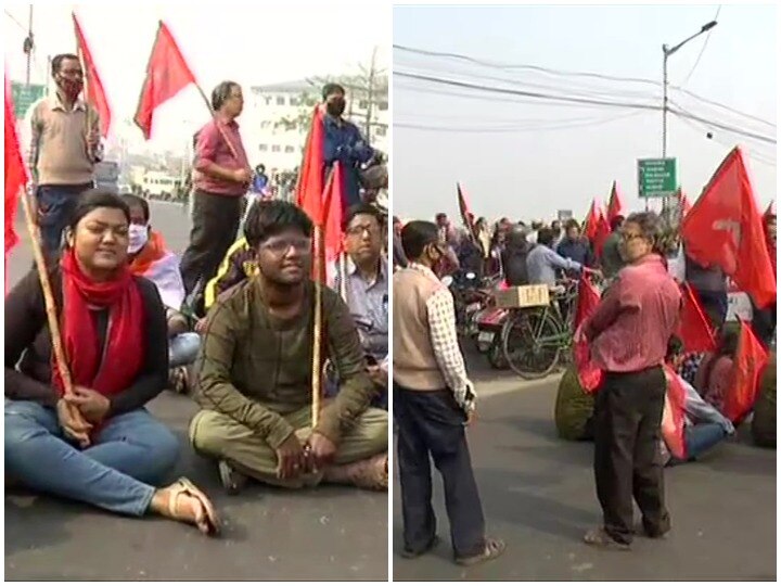 West Bengal Left parties and Congress block a road in North 24 Parganas district Barasat area बंगाल में लेफ्ट का 12 घंटे का बंद, वाम दलों के कार्यकर्ता सड़कों पर उतरे और रोड जाम किया