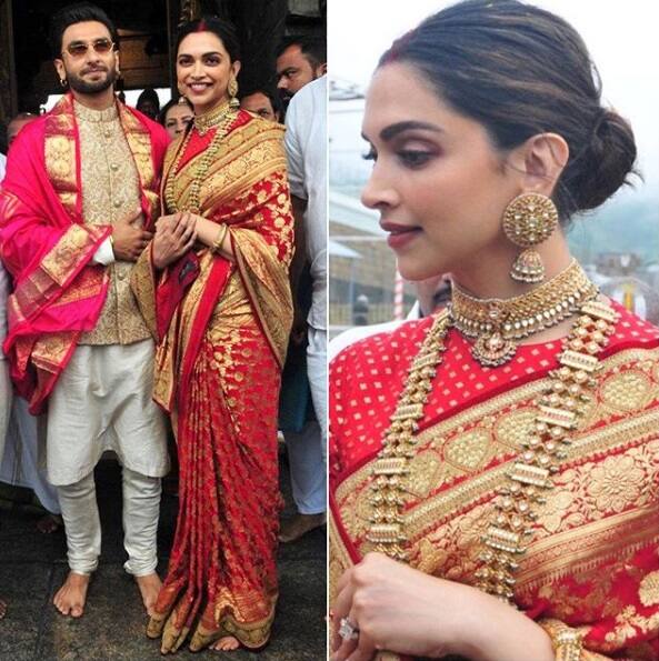  दीपिका का इस लुक की बात करें तो ये लाल बनारसी साड़ी दीपिका ने अपनी पहली शादी की सालगिरह पर पहनी थी. 