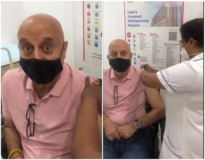 Anupam Kher takes first dose Covid-19 vaccine, thanks doctors, watch video भगवान का नाम लेकर Anupam kher ने लगवाई कोरोना की वैक्सीन, देखें वीडियो