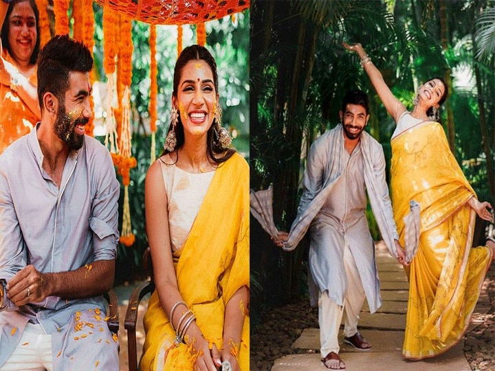 वहीं हल्दी की रस्म के लिए इस सेलेब कपल ने भी येलो को ही चुना. खास बात ये थी कि संजना ने लिनन साड़ी चुनी. वहीं सुर्फ लॉन्ग डिज़ाइनर ईयरिंग के साथ उन्होने लुक को इस रस्म के लिए सिंपल ही रखा है. (Photo Credit - Instagram)