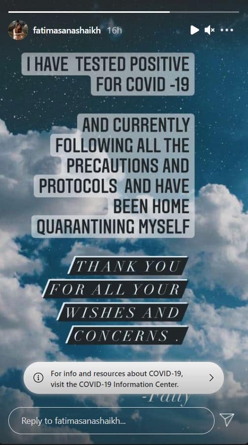फातिमा सना शेख हुईं कोरोना पॉजिटिव, सोशल मीडिया पर किया ये पोस्ट