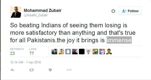  ট্যুইটারে তিনি লিখেছেন, ভারতকে হারানো, ভারতকে অপরের কাছে হারতে দেখা যে কোনও কিছুর দেখে বেশি সুখকর। দারুণ খুশির ব্যাপার!
