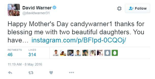 সানরাইজার্স হায়দরাবাদ ক্যাপ্টেন ডেভিড ওয়ার্নার উইশ করলেন মা ও স্ত্রীকে