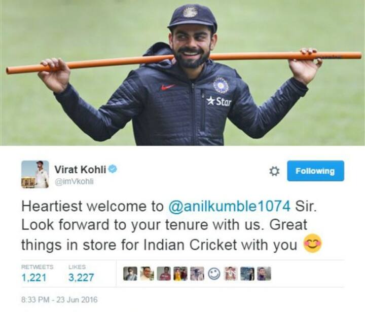 ভারতের টেস্ট দলের অধিনায়ক বিরাট কোহলি কুম্বলের কোচ হওয়াকে স্বাগত জানিয়েছেন