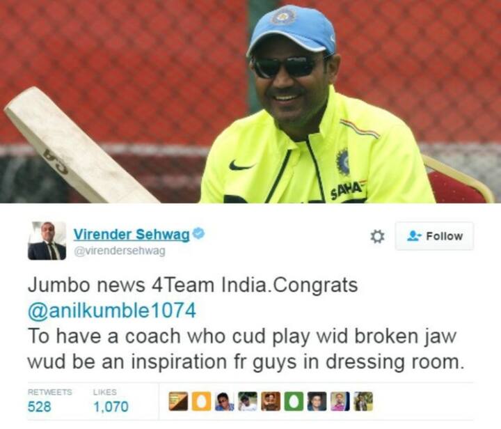 প্রাক্তন ক্রিকেটার বীরেন্দ্র সহবাগও কুম্বলেকে অভিনন্দন জানিয়েছেন