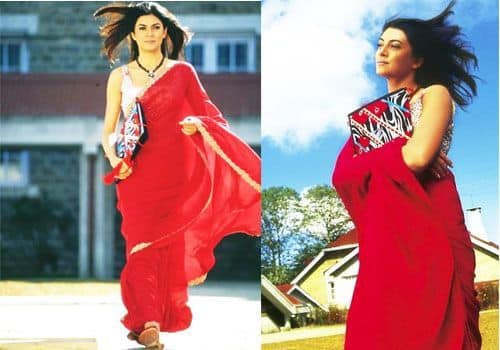 ‘ম্যায় হু না’ ছবিতে সুস্মিতা সেন। সিফন শাড়ি, সেক্সি ব্লাউস, মোহময়ী হাসি, গ্ল্যামারস এই অবতারে সুস্মিতাকে দেখা গিয়েছিল ‘ম্যায় হু না’ ছবিতে। লাস্যময়ী সুস্মিতাকে দেখে মনের মধ্যে বেহালা বেজে উঠত সেনা অফিসার শাহরুখের হৃদয়ে। ছবিতে যে কলেজে সুস্মিতা পড়াতে গিয়েছিলেন, সেখানে ছাত্রের ছদ্মবেশে গিয়েছিলেন বাদশা।