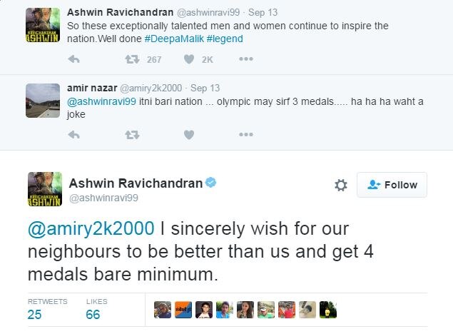 কোনও আক্রমণাত্মক মন্তব্য নয়। অশ্বিন পরিশিলিত ভাষায় জবাব দিতে গিয়ে লিখেছেন, আমার আন্তরিক ভাবেই চাই যে, আমাদের প্রতিবেশী আমাদের থেকে ভালো ফল করুক.. অন্তত চারটি মেডেল জিতুক