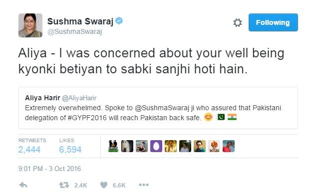 জবাবে সুষমা তাঁকে বলেন, একজনের মেয়ে সবারই মেয়ে। তাই পাক তরুণীদের নিরাপত্তা নিয়ে তাঁরও উদ্বেগ ছিল