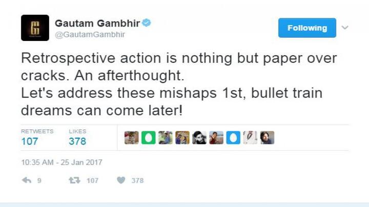  তিনি লিখেছেন, আগে এমন ঘটনা বারবার হওয়া রুখতে প্রয়োজনীয় ব্যবস্থা নেওয়া উচিত। বুলেট ট্রেন বা রেলের নিত্যনতুন প্রকল্প পরে নিলেও হবে।রেল নিরাপত্তার বর্তমান বেহাল দশা না ঘুচাতে পারলে বুলেট ট্রেন বা নতুন নতুন প্রকল্প নিয়ে এসে কীসের লাভ?
