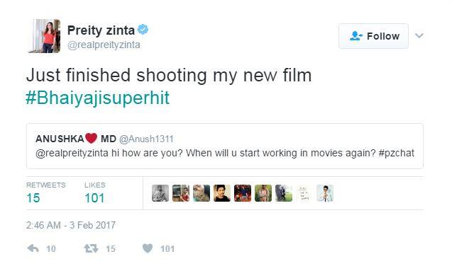 প্রীতি আরও জানিয়েছেন, তিনি এখন সিনেমার শ্যুটিং করছেন।